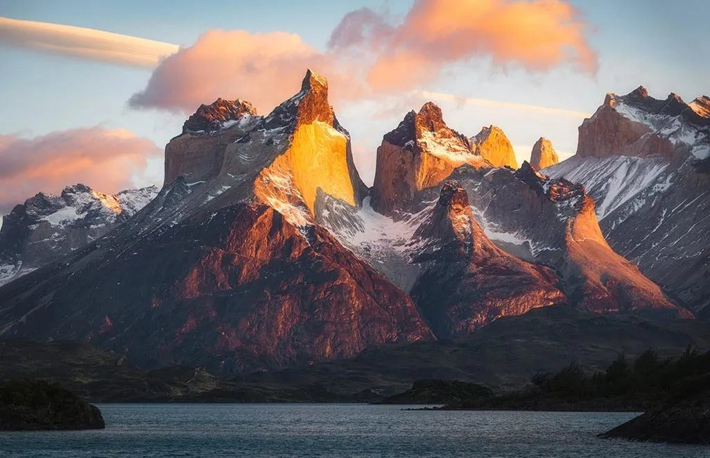 Cuernos del Paine mountains at sunset