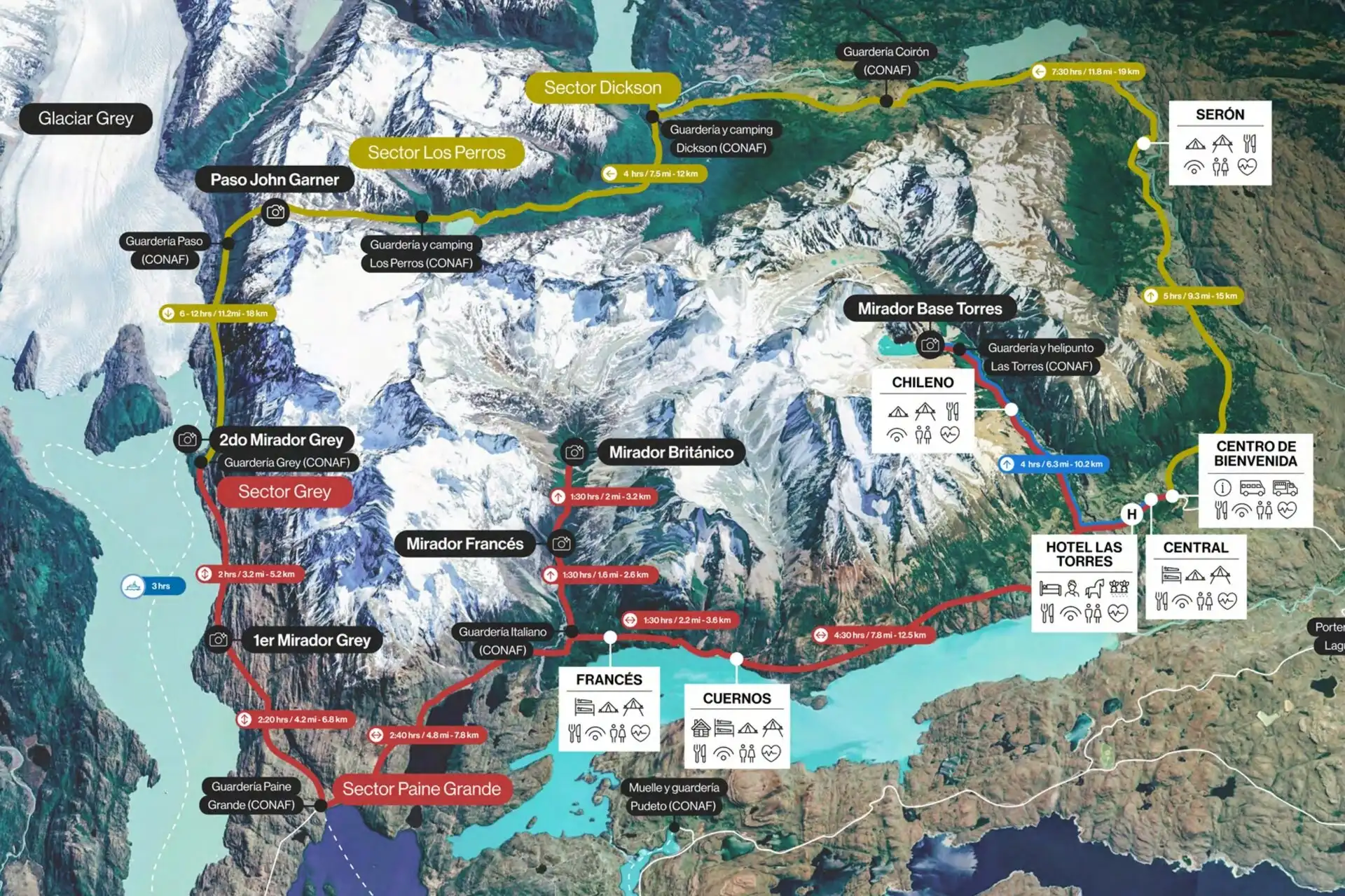 W Trek route map in Torres del Paine National Park