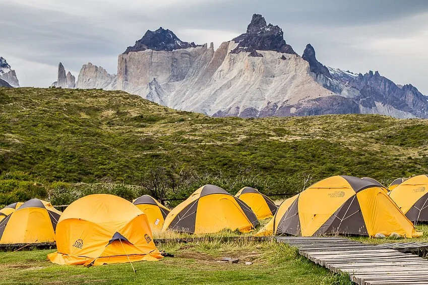 Camping in Torres del Paine with mountains in background